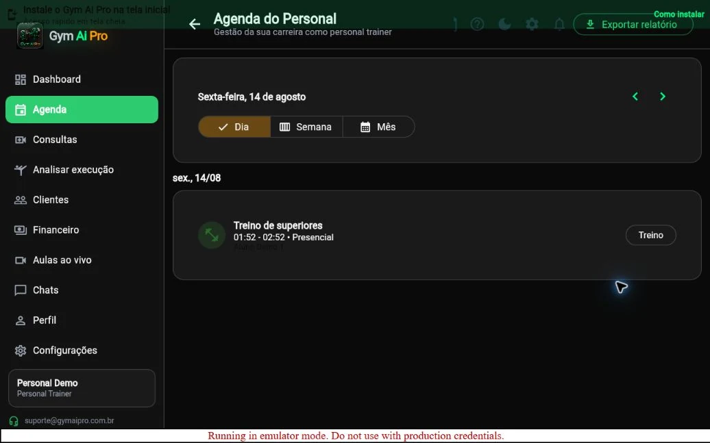 Tela oficial do Gym Ai Pro: Agenda