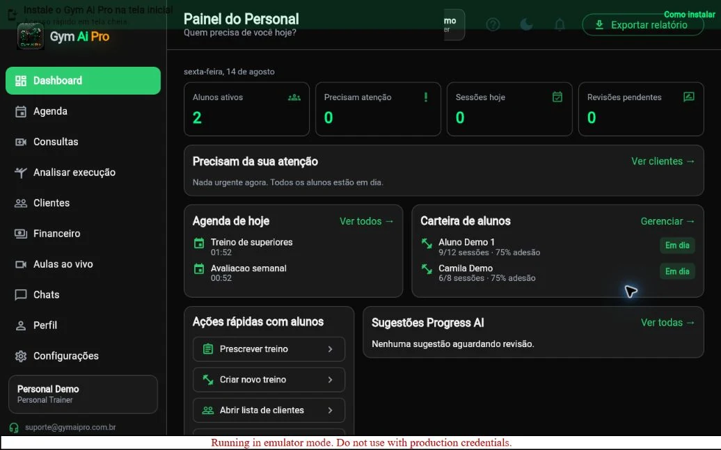 Tela oficial do Gym Ai Pro: Painel profissional