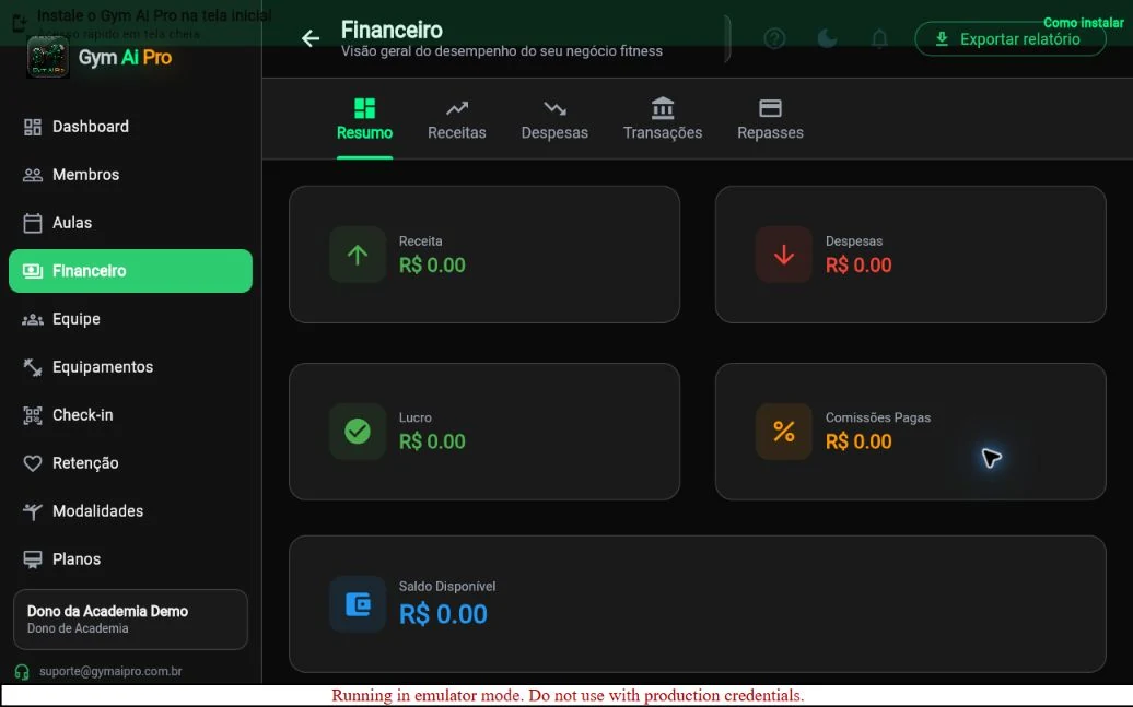 Tela oficial do Gym Ai Pro: Financeiro