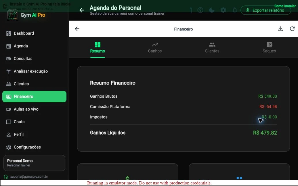 Tela oficial do Gym Ai Pro: Financeiro